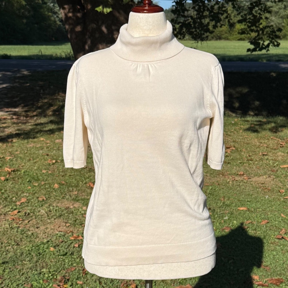 Ann Taylor LOFT Womens Cream Cotton Short Sleeve Turtleneck Sweater Puff Sleeve